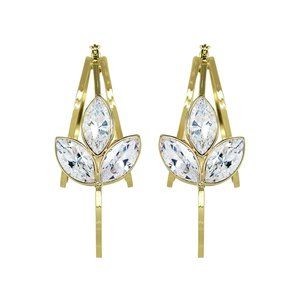 Triple Loop Hoop Earrings With Cubic Zirconia Leafs 14K Yellow Gold